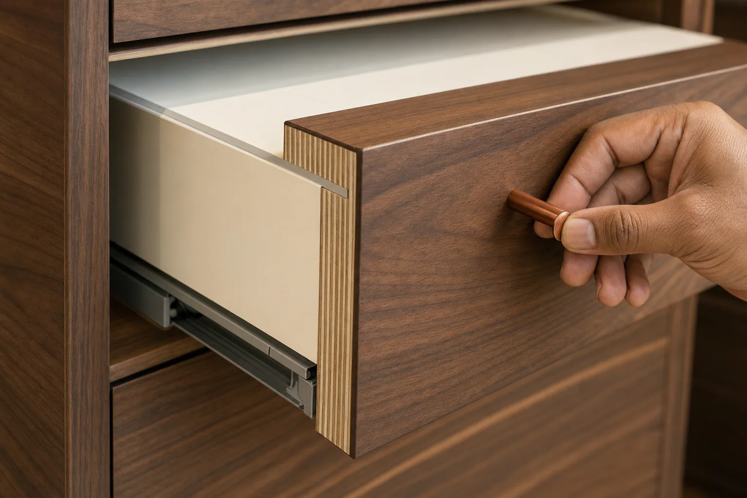 Illustrative cabinet joinery and soft-close detail, a design visual